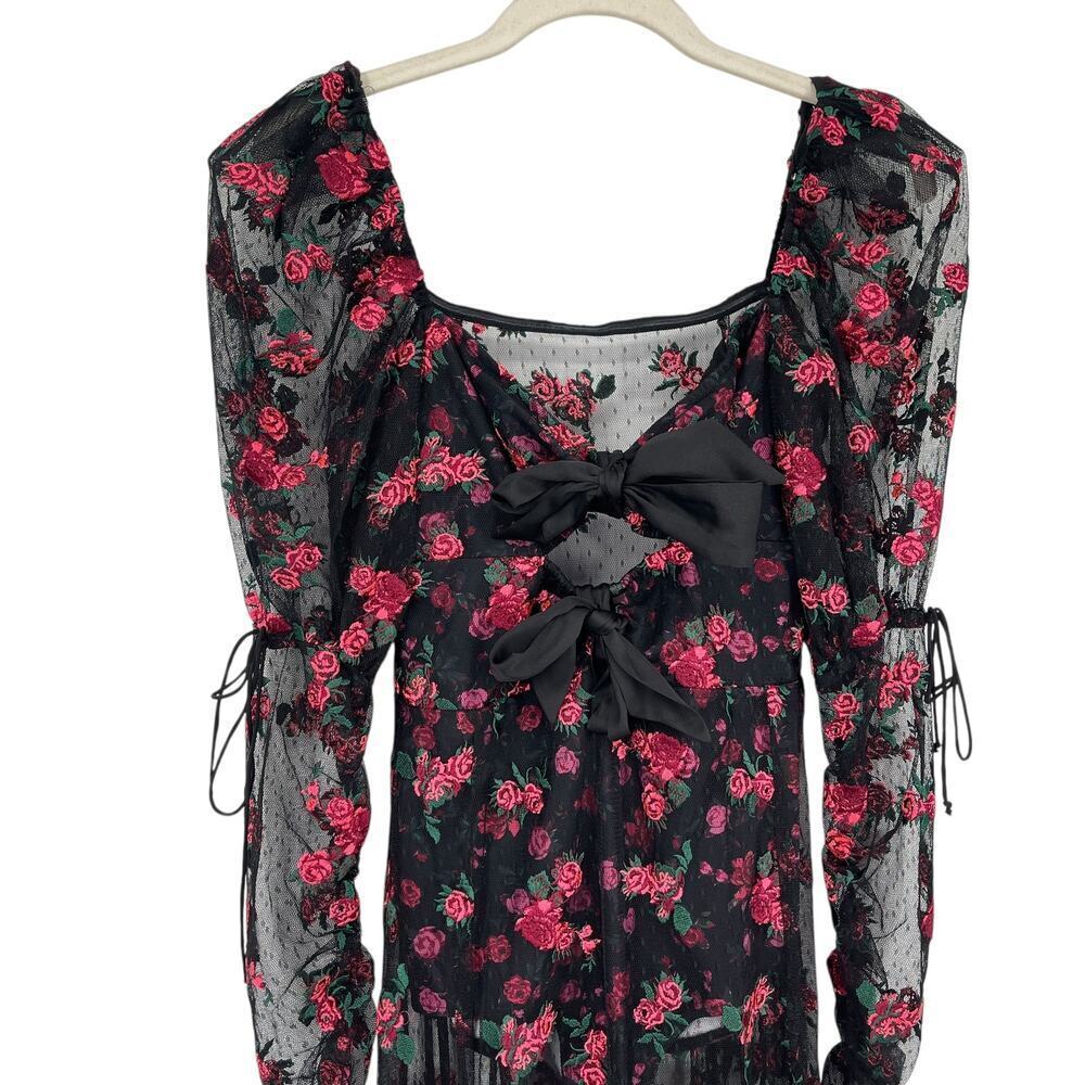 For Love & Lemons Blondie Maxi Dress Roses Mesh Bodysuit Tulle Puff Sleeve Small - Picture 6 of 13